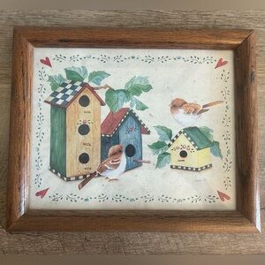 Blue Bird Art Print & Birdhouses 1999 Bernard Fine Art 8 x 10 Cottage 90s Framed